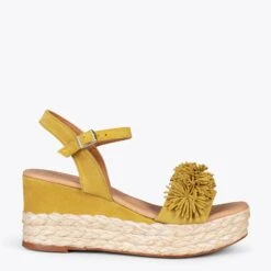 FLOWER – Sandales Avec Compensé En Raphia Et Pompon JAUNE