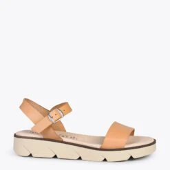 RIVER – Sandales En Cuir à Talon Compensé Moyen SABLE