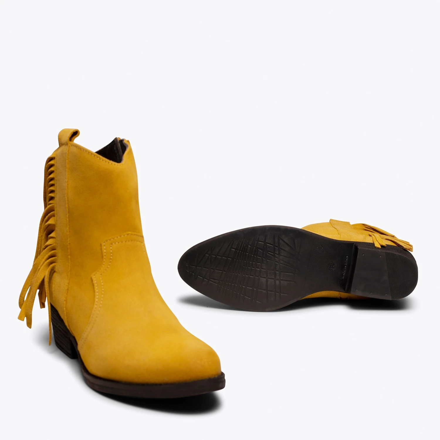 BOHO- Bottines MOUTARDE Style Cowboy Avec Franges – Image 5