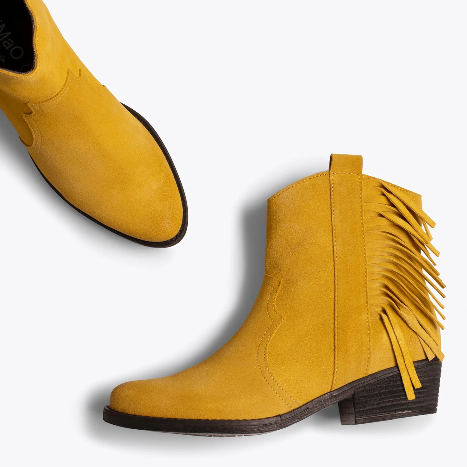 BOHO- Bottines MOUTARDE Style Cowboy Avec Franges – Image 3