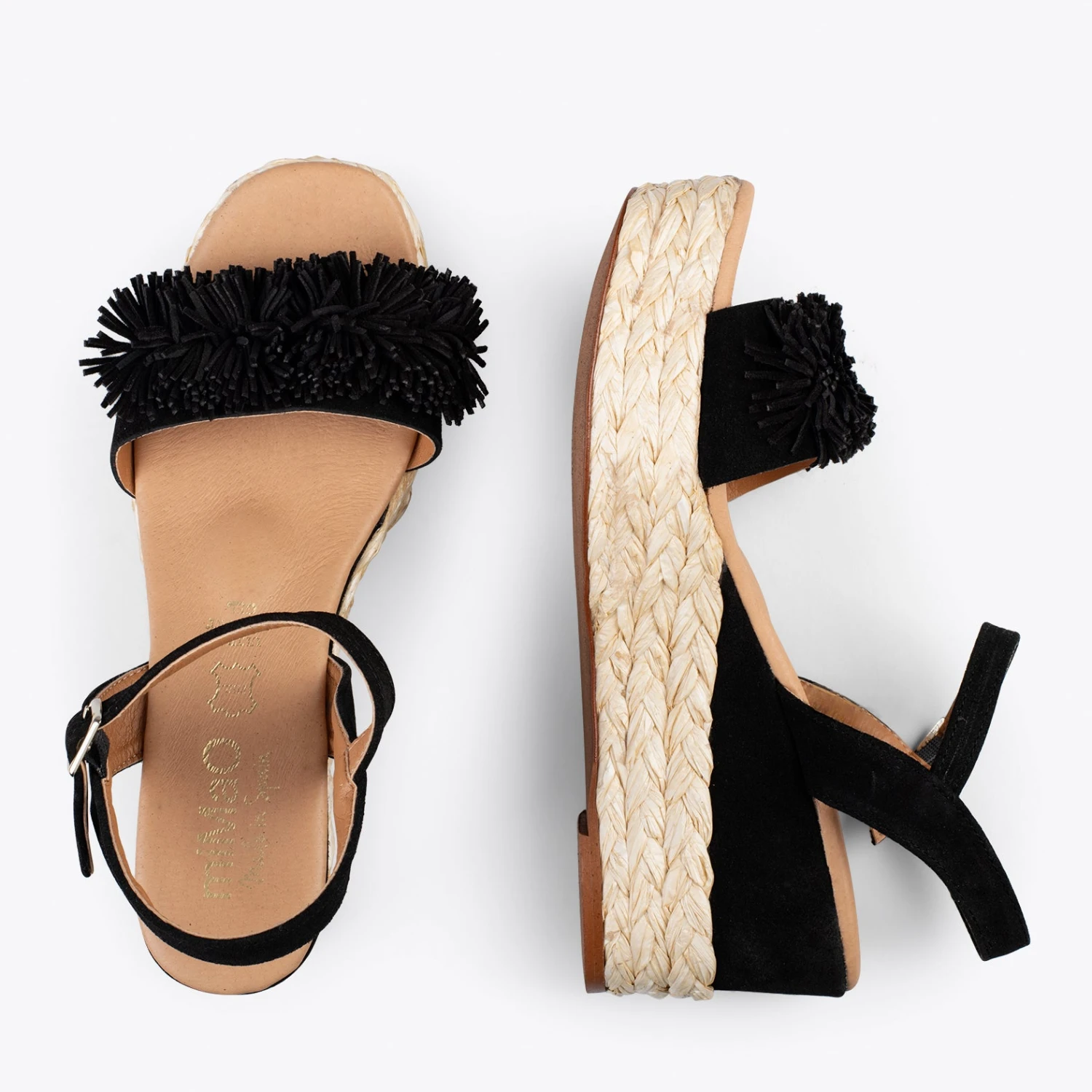 FLOWER – Sandales Avec Compensé En Raphia Et Pompon NOIR – Image 2