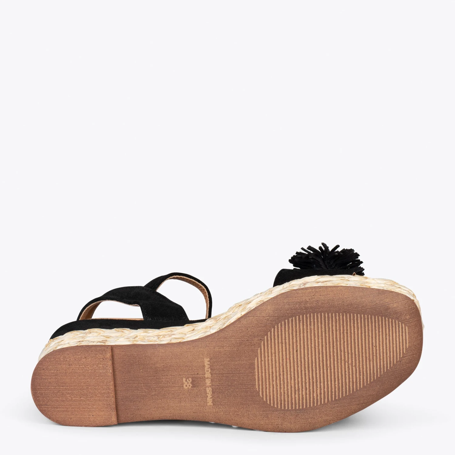 FLOWER – Sandales Avec Compensé En Raphia Et Pompon NOIR – Image 5