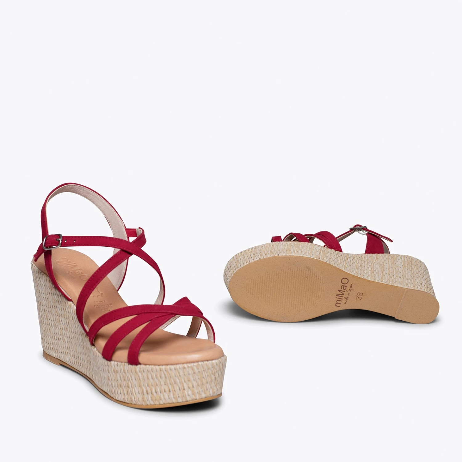 MYKONOS - Sandale Compensée Avec Plateforme En Raphia Et Bandes Croisées ROUGE – Image 4