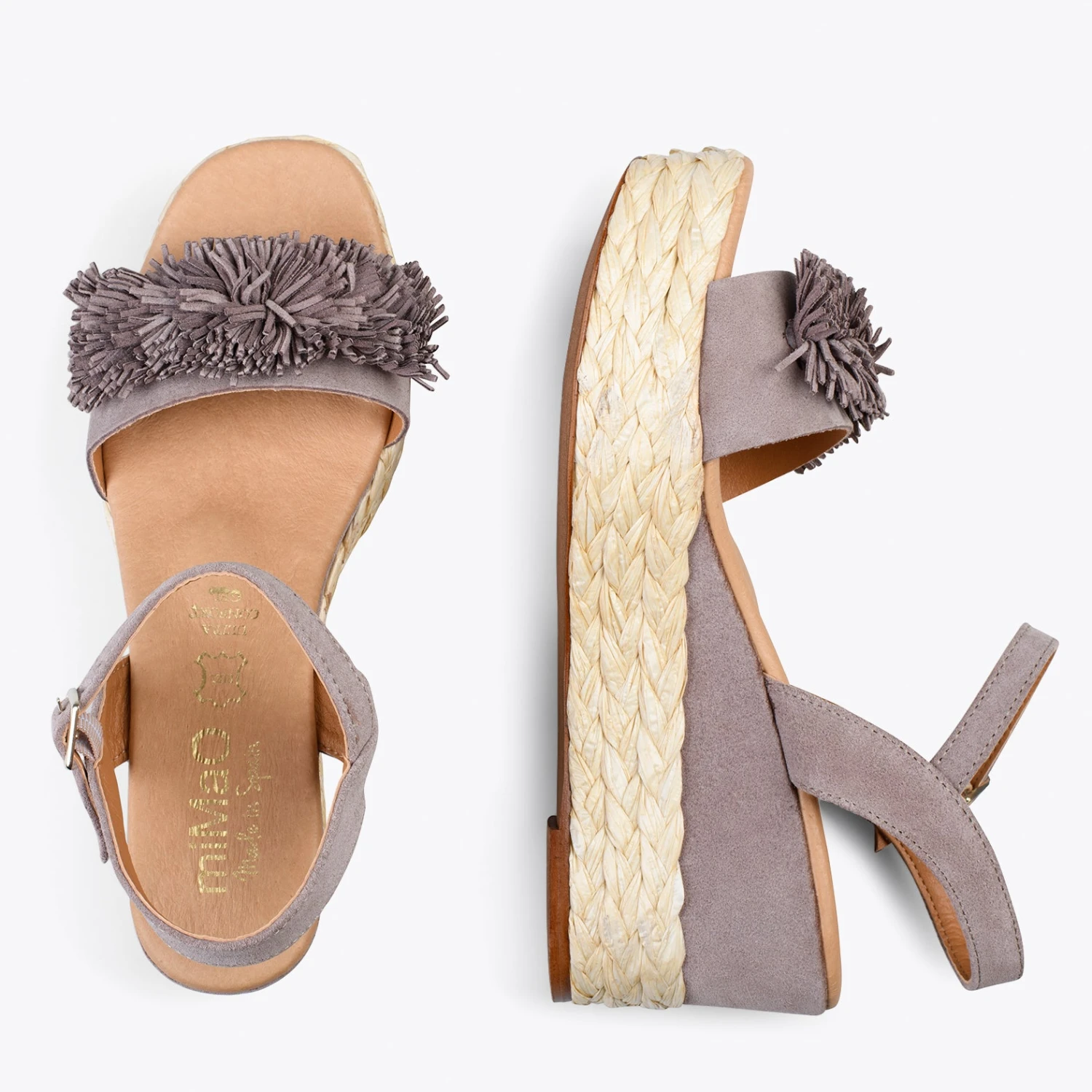 FLOWER – Sandales Avec Compensé En Raphia Et Pompon TAUPE – Image 2