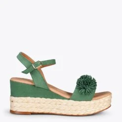 FLOWER – Sandales Avec Compensé En Raphia Et Pompon VERT