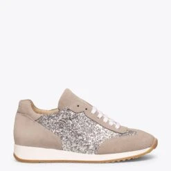 CASUAL - Sneakers Cuir GRIS Avec Glitter ARGENTÉ - Memory Absorber Foam