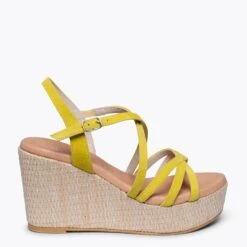 MYKONOS - Sandale Compensée Avec Plateforme En Raphia Et Bandes Croisées JAUNE