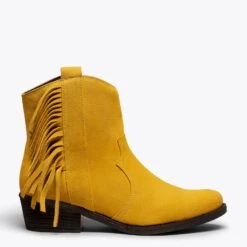 BOHO- Bottines MOUTARDE Style Cowboy Avec Franges