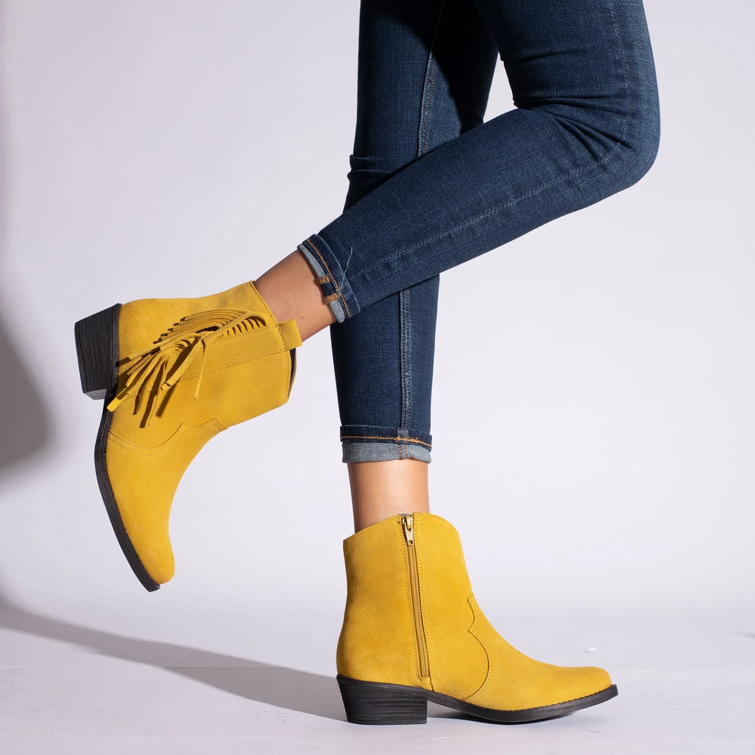 BOHO- Bottines MOUTARDE Style Cowboy Avec Franges – Image 6