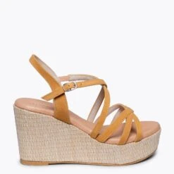 MYKONOS - Sandale Compensée Avec Plateforme En Raphia Et Bandes Croisées MOUTARDE