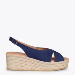 ZENIA – Sandales Compensées Artisanales à Sangles Croisées BLEU