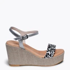 FASHION - Sandale Compensée Avec Plateforme En Raphia Et Métallique LÉOPARD ARGENTÉ