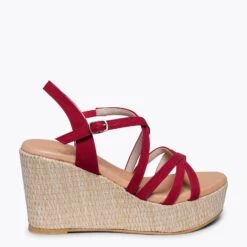 MYKONOS - Sandale Compensée Avec Plateforme En Raphia Et Bandes Croisées ROUGE
