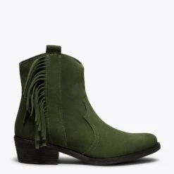 BOHO- Bottines VERT Style Cowboy Avec Franges
