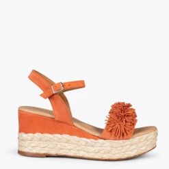 FLOWER – Sandales Avec Compensé En Raphia Et Pompon ORANGE