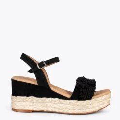 FLOWER – Sandales Avec Compensé En Raphia Et Pompon NOIR