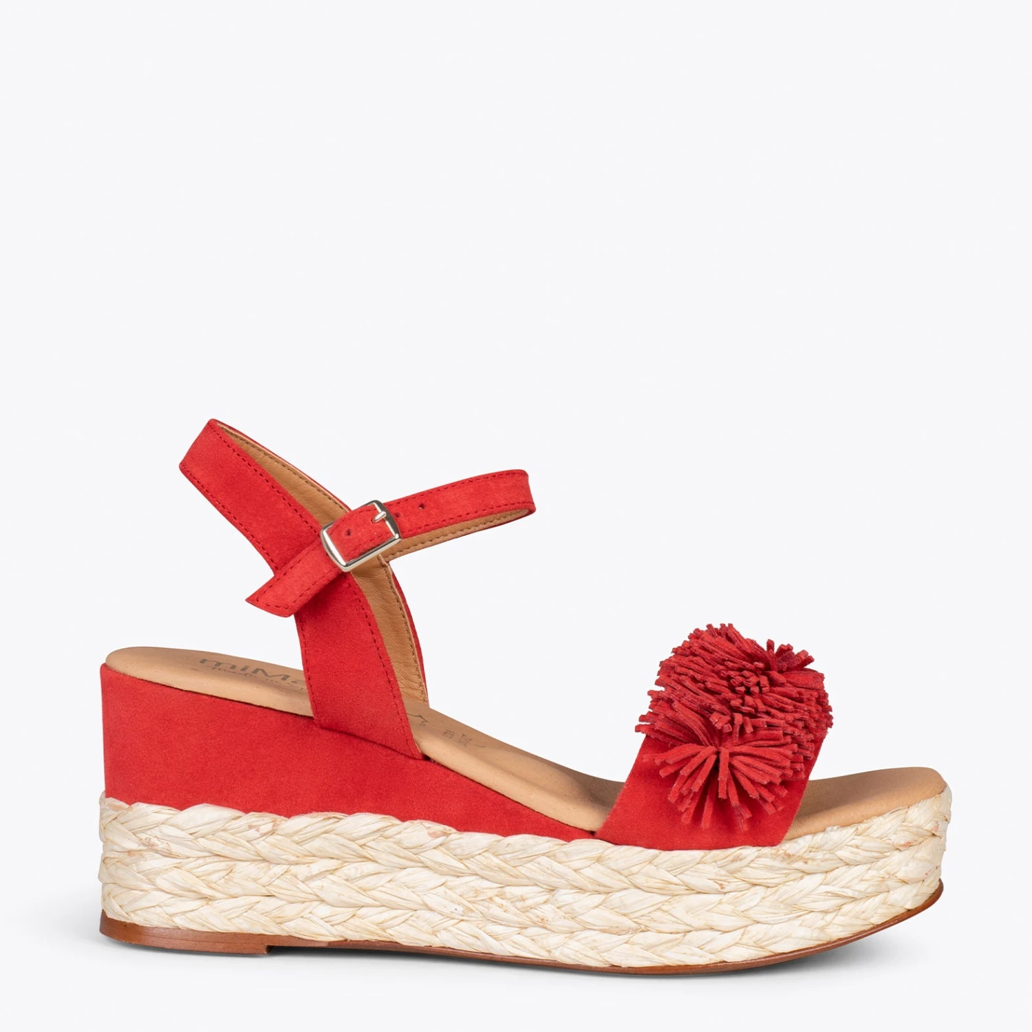 FLOWER – Sandales Avec Compensé En Raphia Et Pompon ROUGE